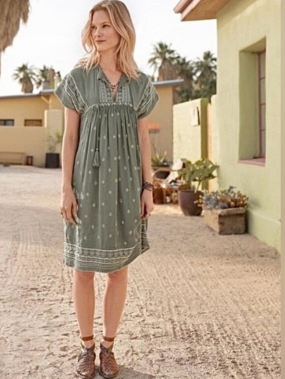 Sundance Aura Embroidered Tunic Dress Sage Green XS Boho Peasant Tassel